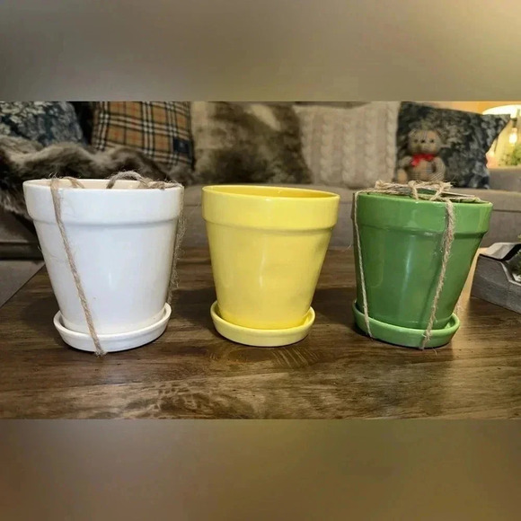 NWT RAE DUNN Magenta Set of 3 Ceramic Flower Pot Planters White/Yellow/Green - Picture 3 of 3